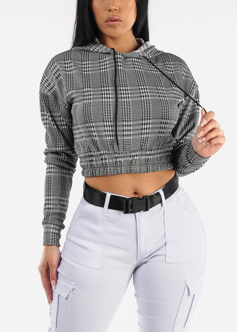 Long Sleeve Plaid Pullover Cropped Hoodie B&W sold by Moda product image thumbnail 3