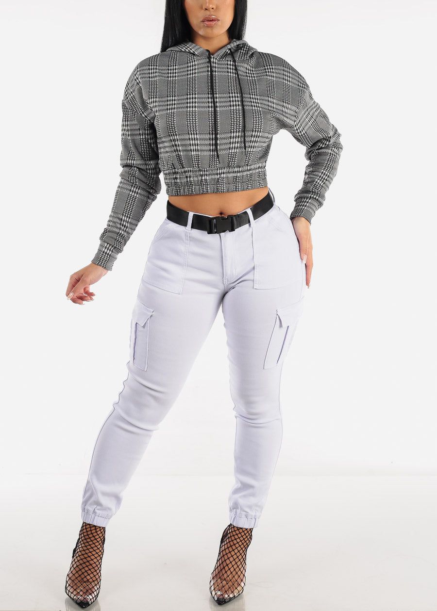 Long Sleeve Plaid Pullover Cropped Hoodie B&W sold by Moda product image thumbnail 4