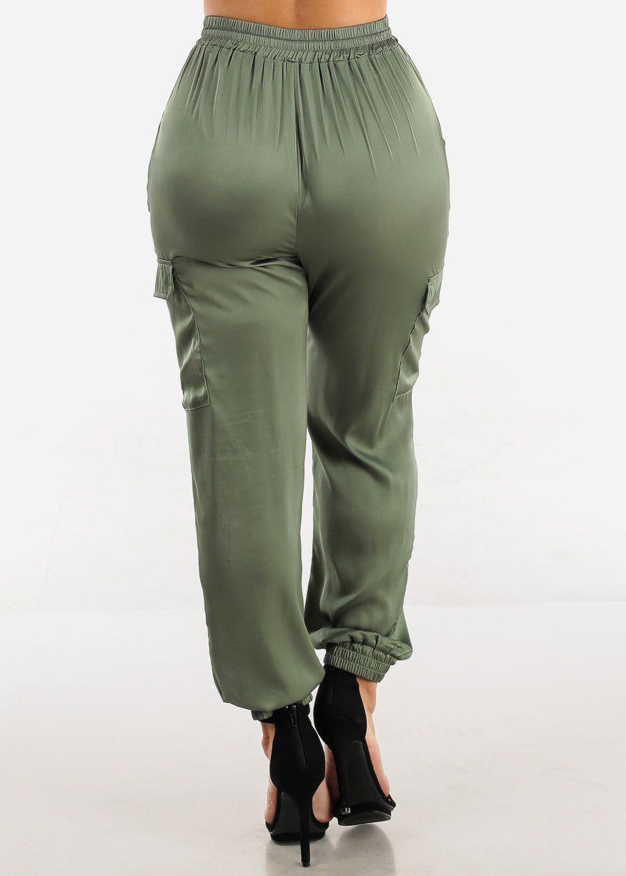High Waisted Olive Satin Cargo Jogger Pants sold by Moda product image thumbnail 4