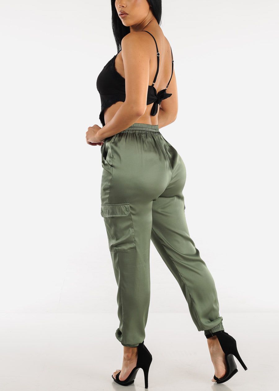 High Waisted Olive Satin Cargo Jogger Pants sold by Moda product image thumbnail 5