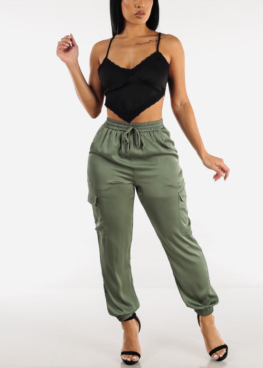 High Waisted Olive Satin Cargo Jogger Pants sold by Moda product image thumbnail 2