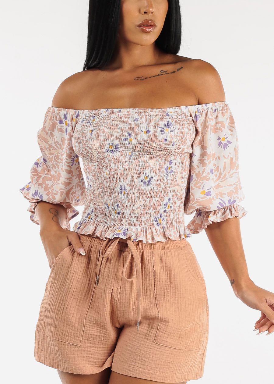 Smocked Off Shoulder Floral Top Blush sold by Moda