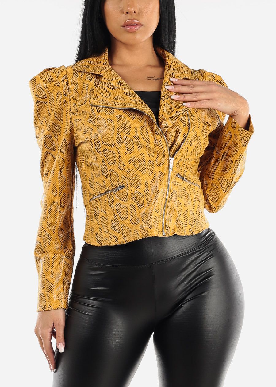 Zip Up Puff Sleeve Snake Print Jacket Mustard sold by Moda
