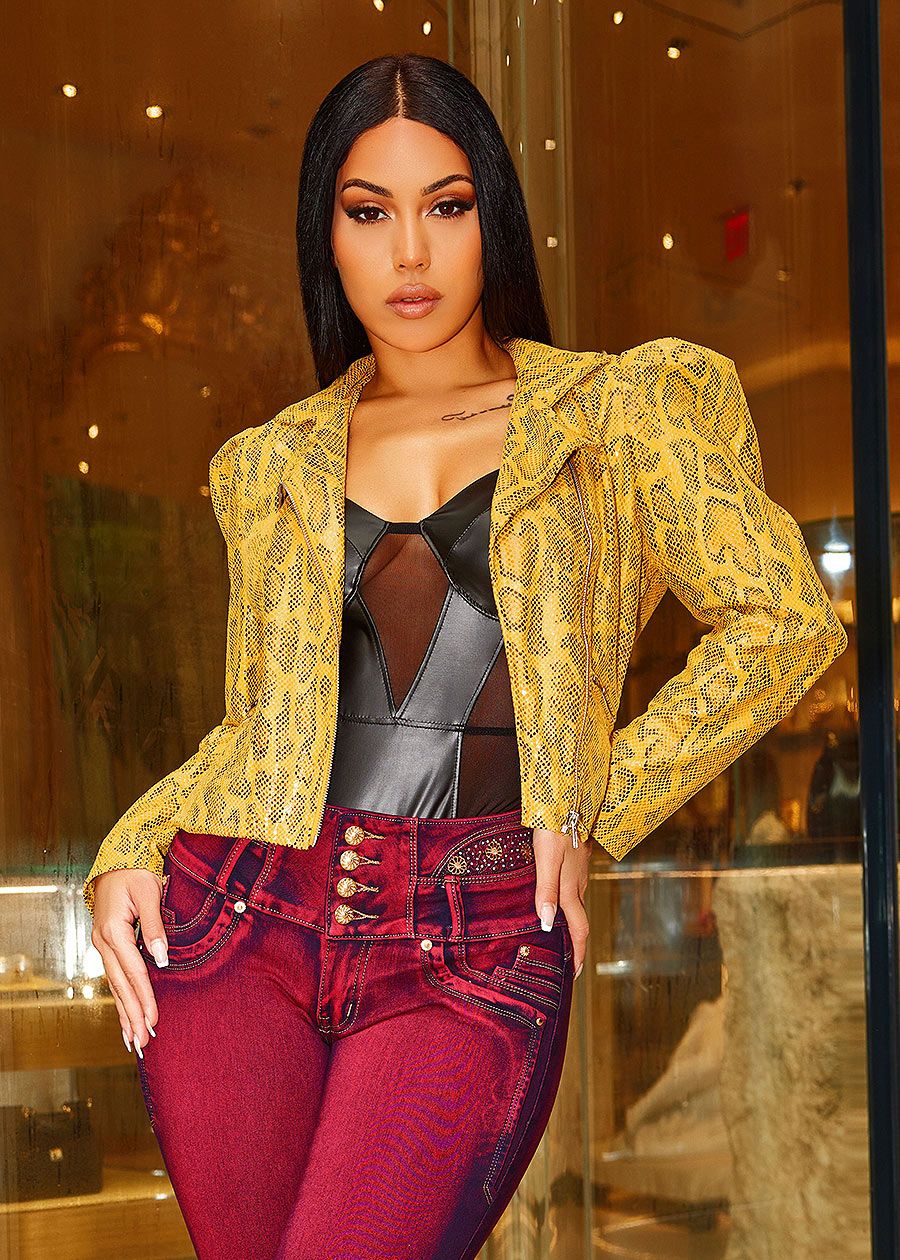 Zip Up Puff Sleeve Snake Print Jacket Mustard sold by Moda product image thumbnail 2