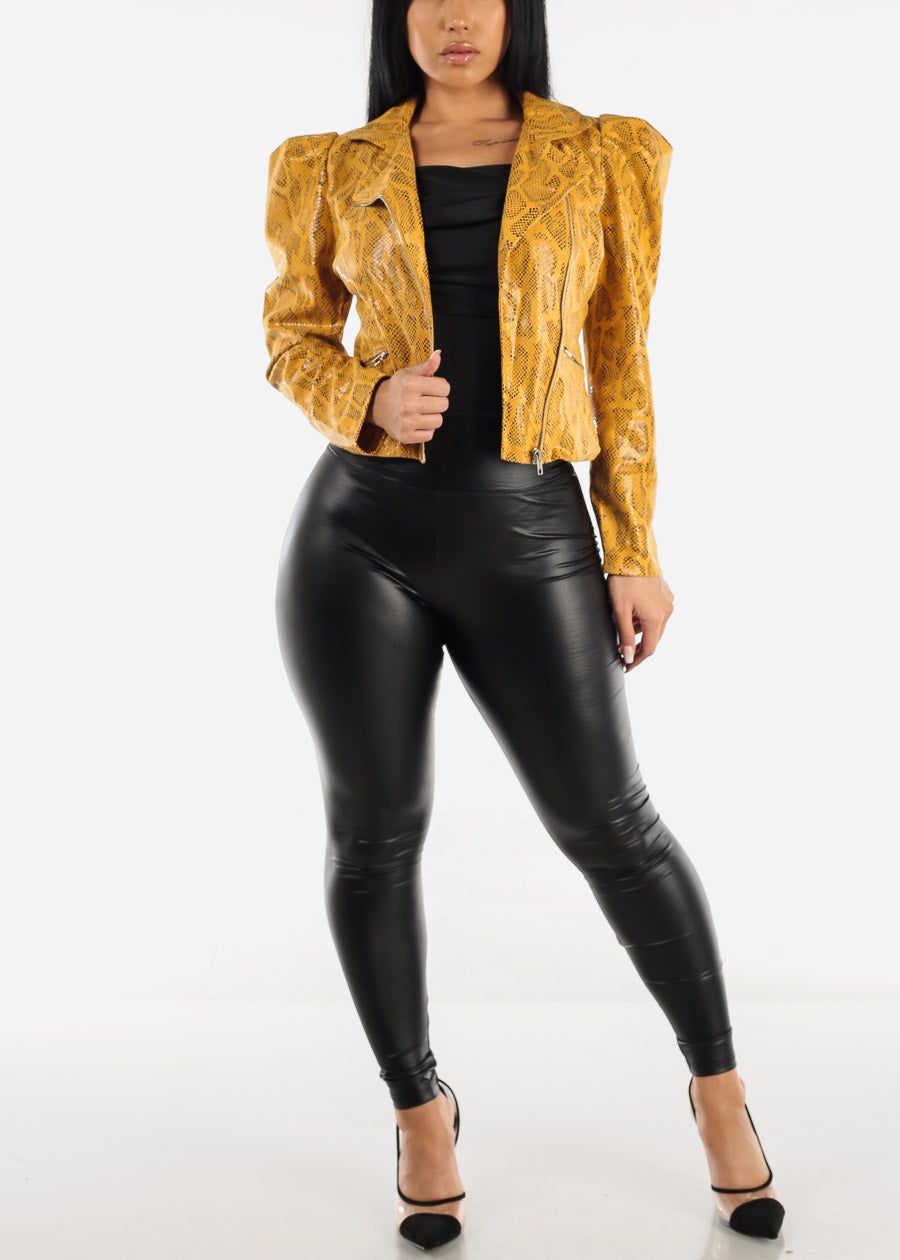 Zip Up Puff Sleeve Snake Print Jacket Mustard sold by Moda product image thumbnail 3