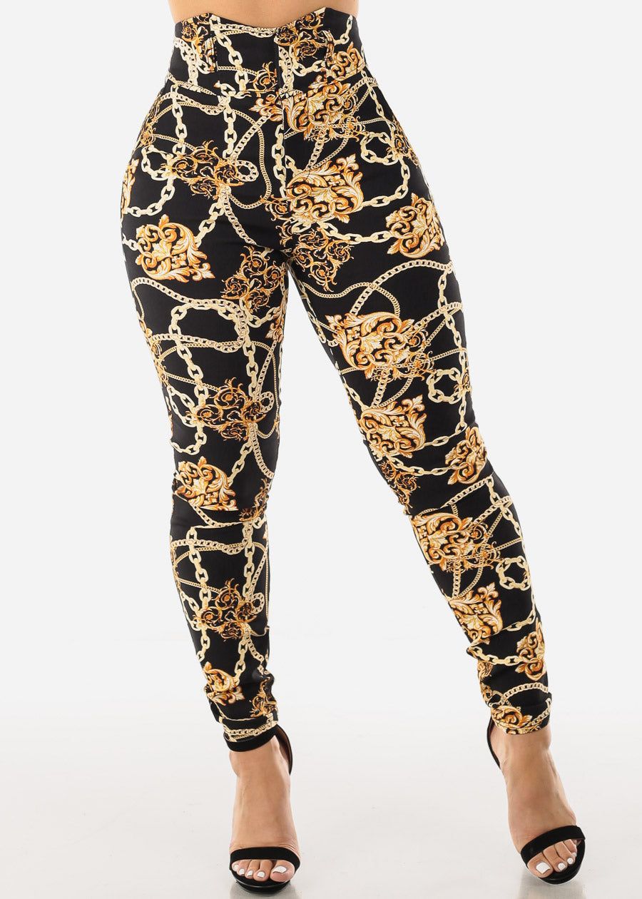 High Waist Chain Print Black Dressy Skinny Pants sold by Moda