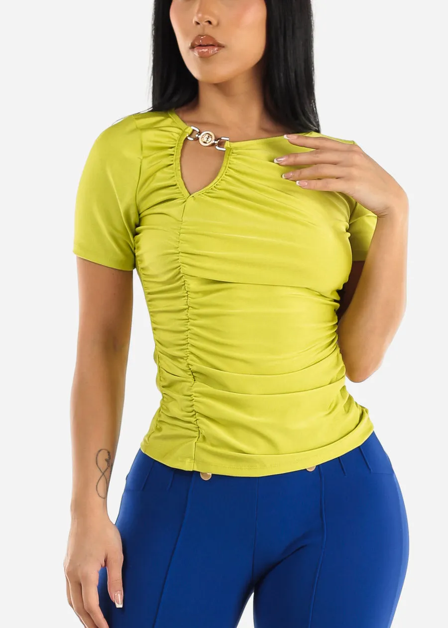 Silky Stretchy Ruched Short Sleeve Top Lime sold by Moda product image thumbnail 3