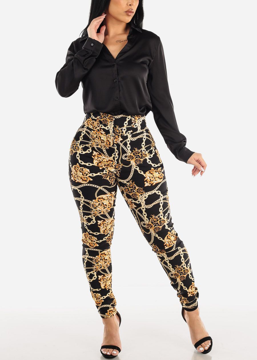 High Waist Chain Print Black Dressy Skinny Pants sold by Moda product image thumbnail 2