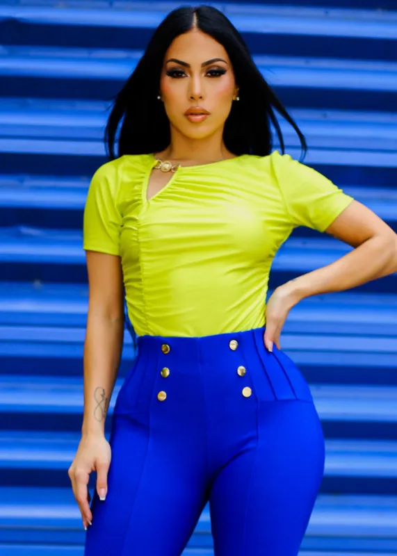 Silky Stretchy Ruched Short Sleeve Top Lime sold by Moda