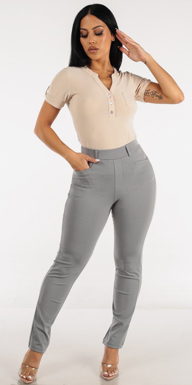 High Waisted Grey Straight Leg Dressy Pants with Half Button Up Short Sleeve Beige Blouse sold by Moda