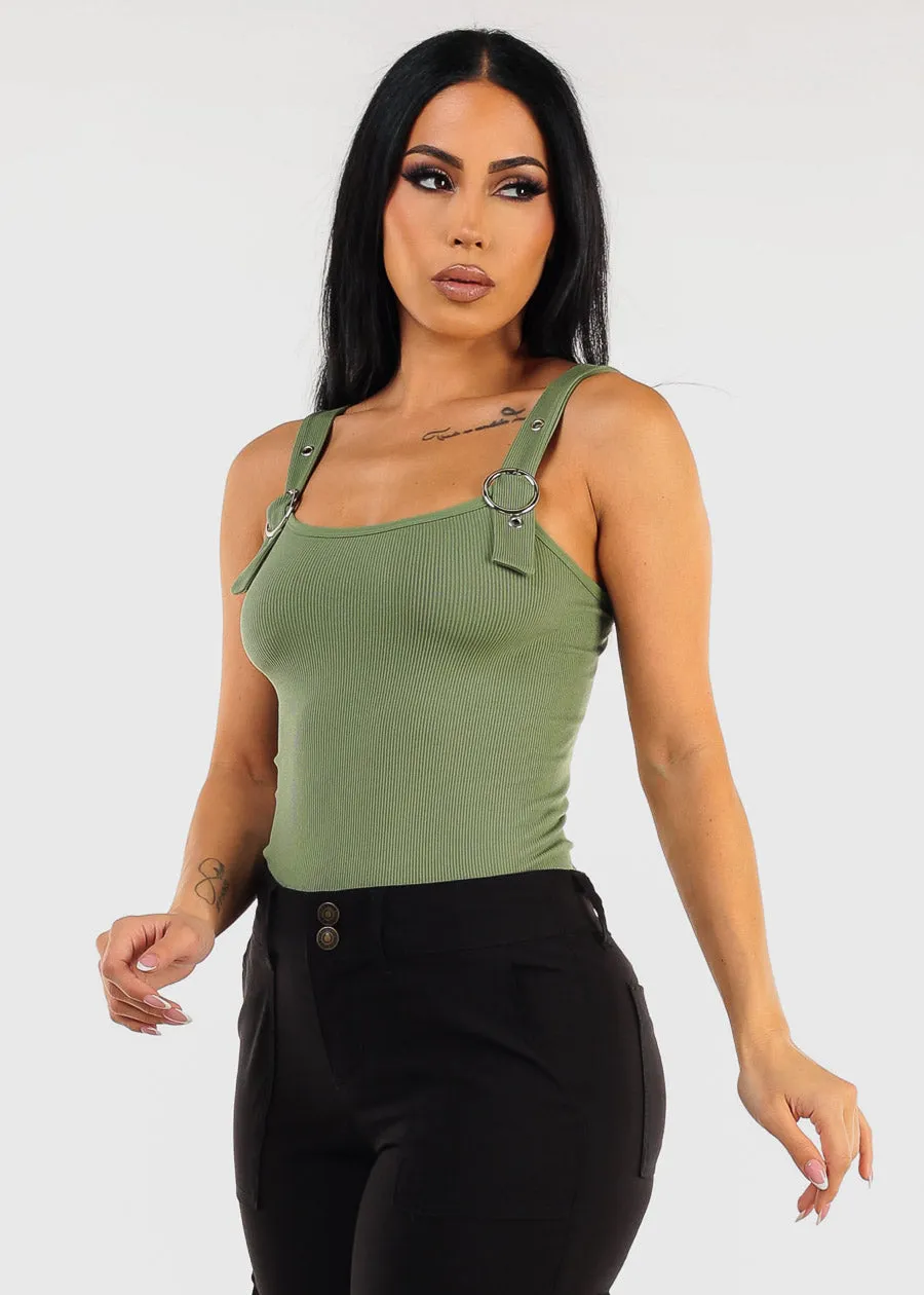 Seamless Ribbed Cami Top w Buckle Straps Sage Green sold by Moda