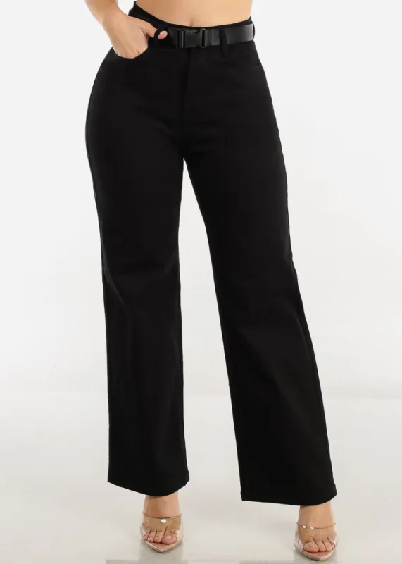 Black High Waist Slim Straight Pants w Belt sold by Moda