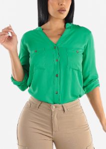 Vneck Long Sleeve Button Up Shirt Green sold by Moda