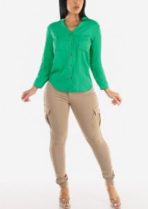 Vneck Long Sleeve Button Up Shirt Green sold by Moda