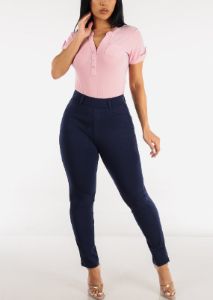 Navy Super High Waist Straight Leg Dressy Pants sold by Moda