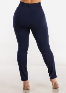 Navy Super High Waist Straight Leg Dressy Pants sold by Moda