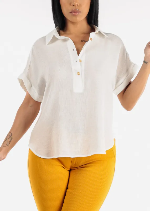 White Cap Sleeve Blouse w Front Half Placket sold by Moda