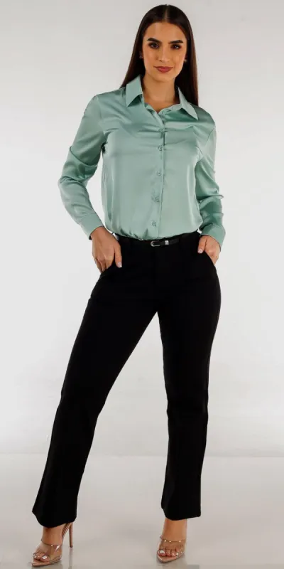 Belted Black Straight Leg Dress Pants with Sage Button Up Long Sleeve Satin Shirt sold by Moda