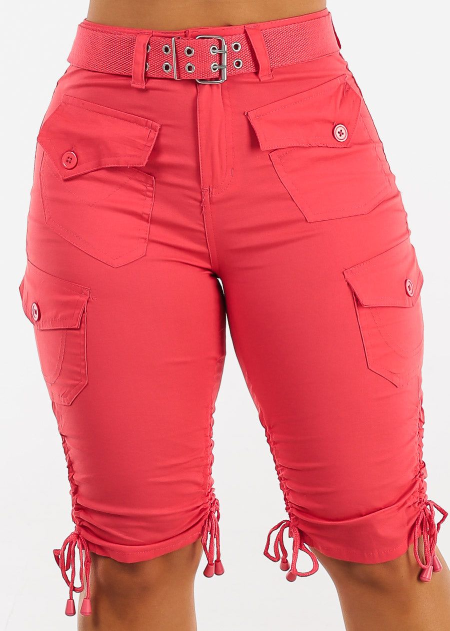 High Waisted Cargo Bermuda Shorts Coral w Belt sold by Moda