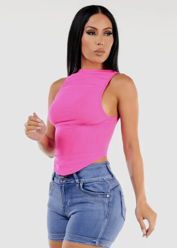 Ruched Sleeveless Mesh Top Neon Fuchsia sold by Moda