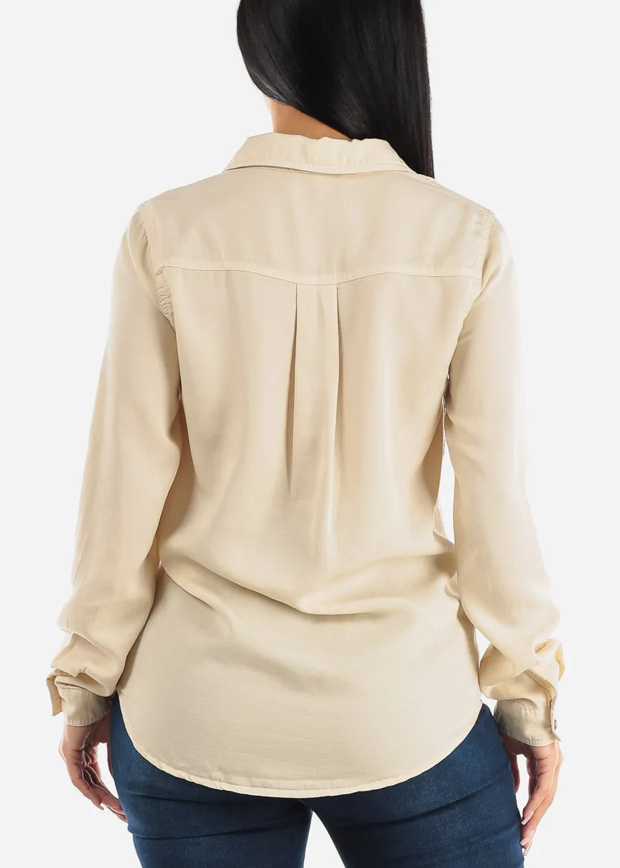Button Down Long Sleeve Tencel Shirt Beige sold by Moda product image thumbnail 4