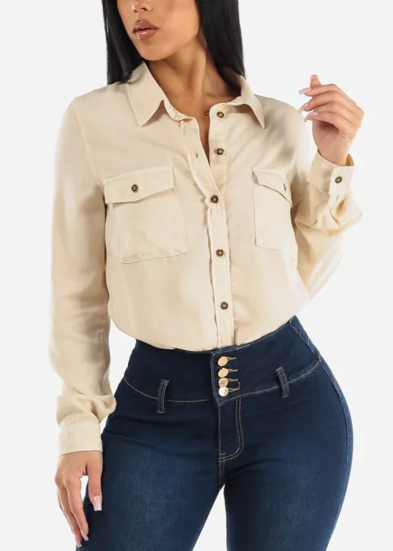 Button Down Long Sleeve Tencel Shirt Beige sold by Moda