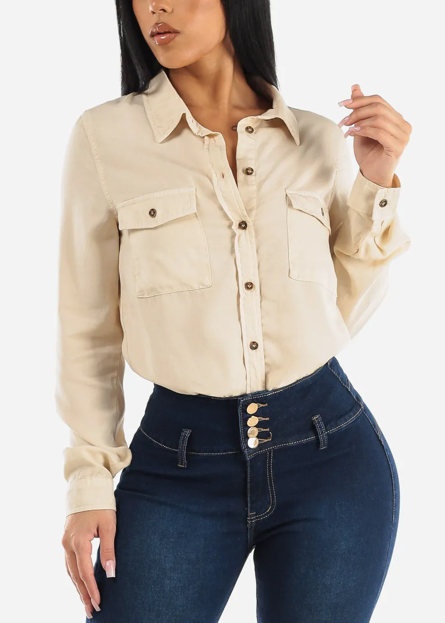 Button Down Long Sleeve Tencel Shirt Beige sold by Moda