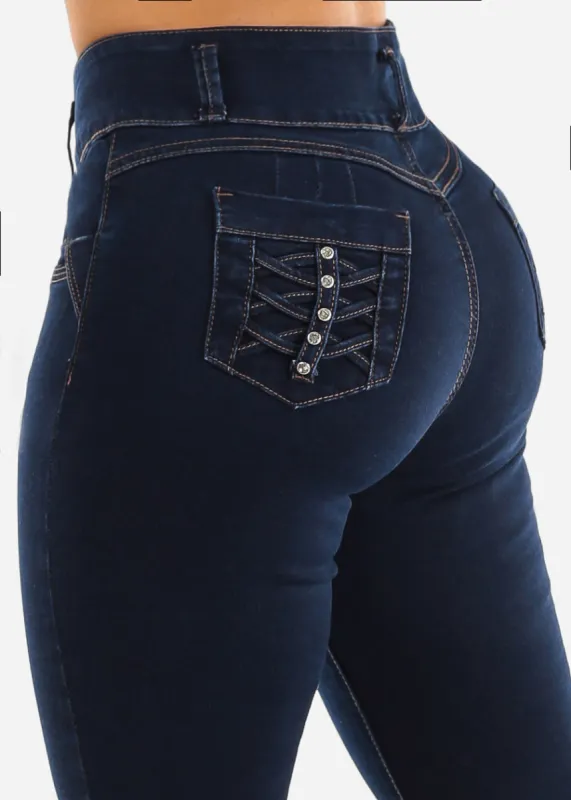 High Waist Butt Lifting Dark Blue Skinny Jeans sold by Moda