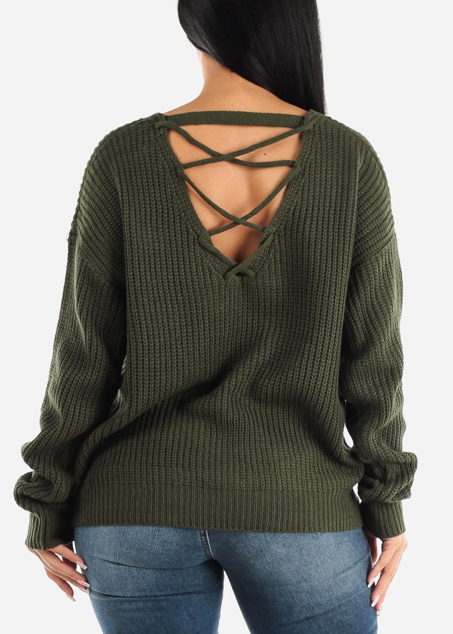 Back Lace Up Knit Long Sleeve Sweater Olive sold by Moda product image thumbnail 4