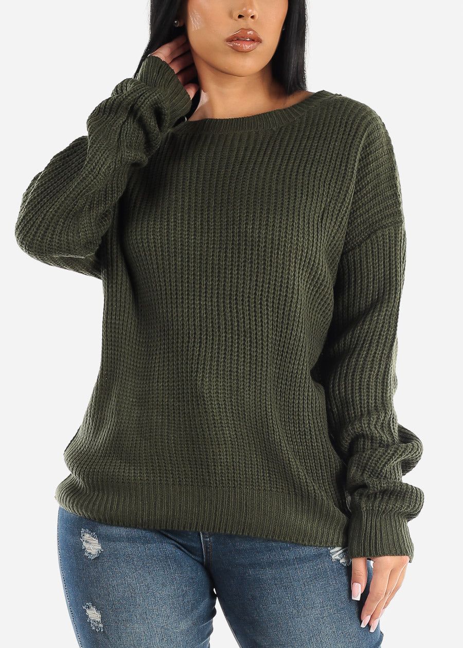 Back Lace Up Knit Long Sleeve Sweater Olive sold by Moda product image thumbnail 5