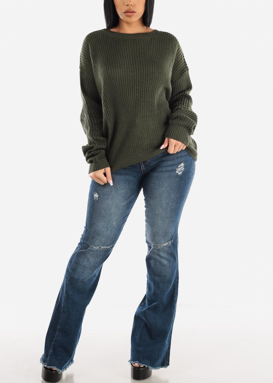 Back Lace Up Knit Long Sleeve Sweater Olive sold by Moda product image thumbnail 2