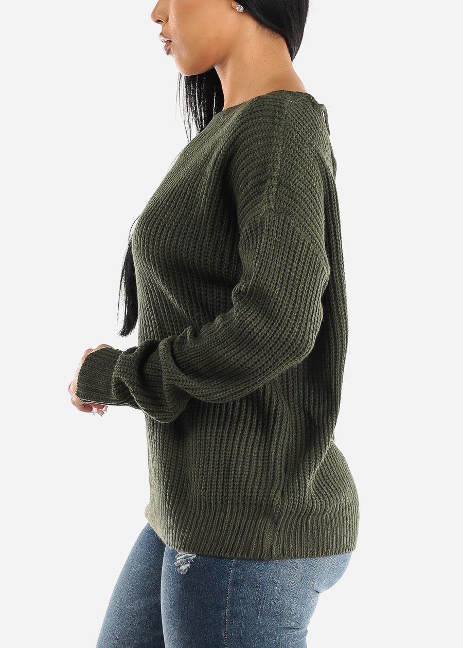 Back Lace Up Knit Long Sleeve Sweater Olive sold by Moda product image thumbnail 3