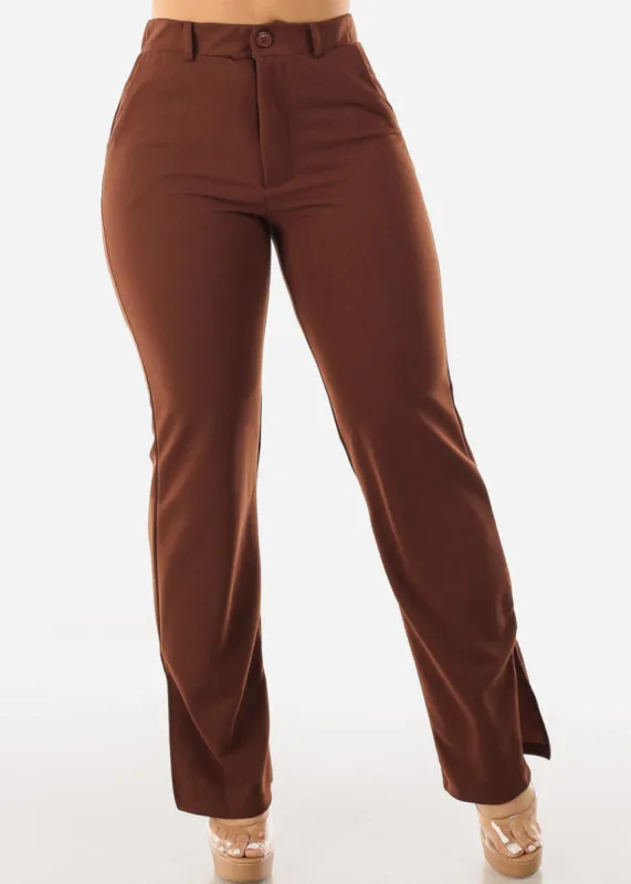 High Waisted Dressy Bootcut Pants Brown w Side Slits sold by Moda