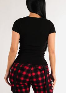 Black Short Sleeve Notched Ribbed Top sold by Moda
