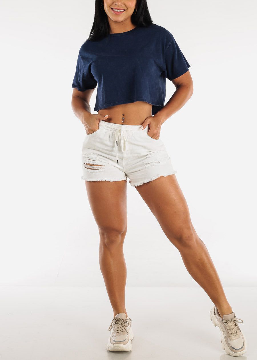 White Distressed Drawstring Waist Denim Shorts sold by Moda product image thumbnail 2