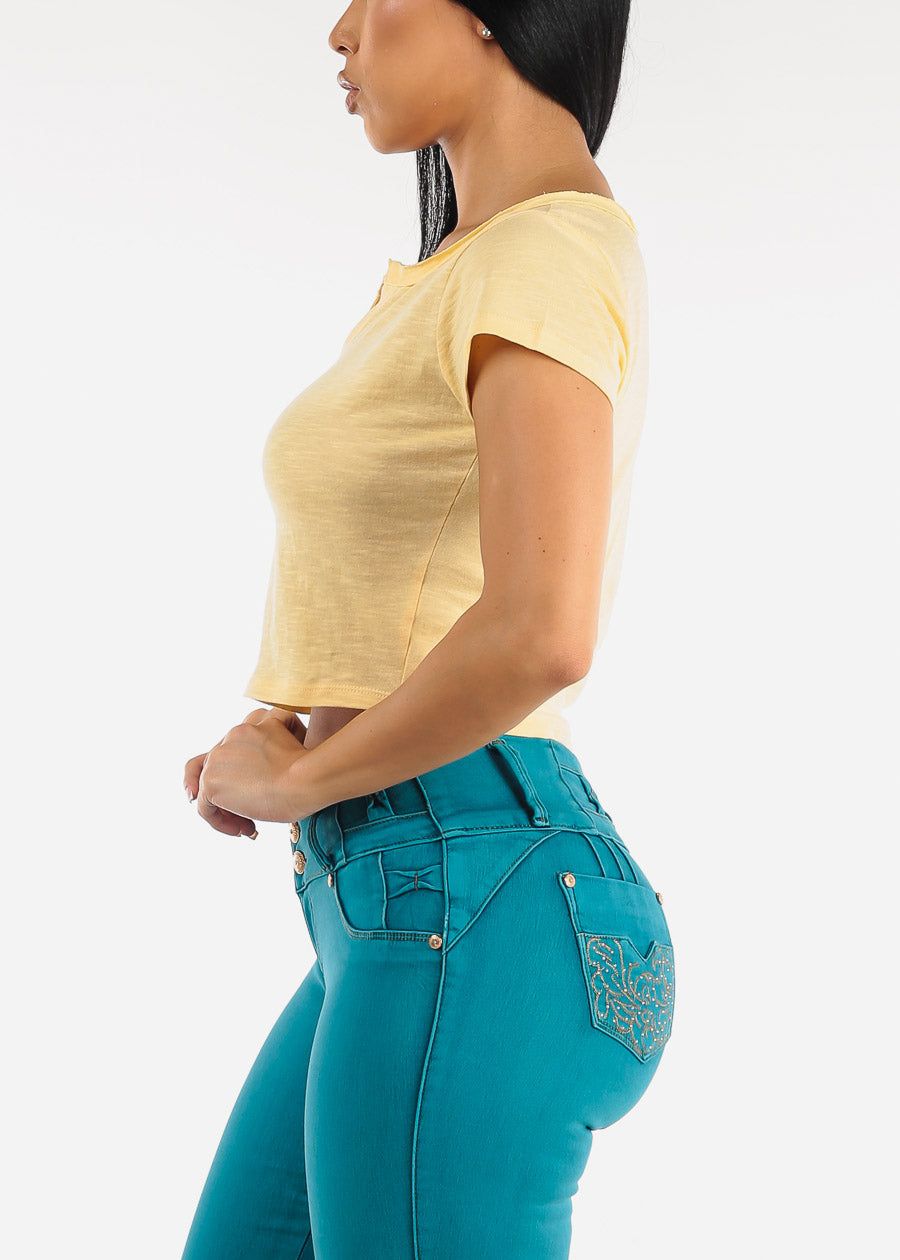 Short Sleeve Vneck Cropped Cotton Tee Yellow sold by Moda product image thumbnail 3