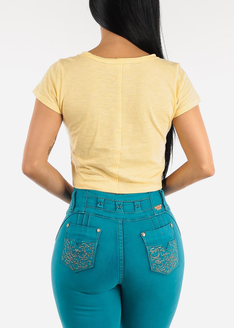Short Sleeve Vneck Cropped Cotton Tee Yellow sold by Moda product image thumbnail 4