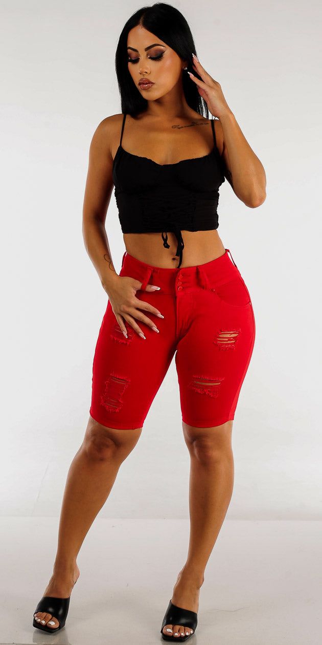 Red Mid Rise Butt Lifting Bermuda Shorts with Sleeveless Lace Up Black Cami Crop Top sold by Moda