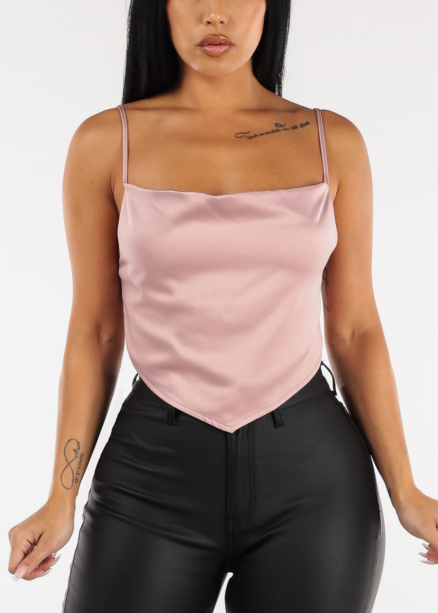 Lace Up Back Satin Cowl Neck Top Mauve sold by Moda