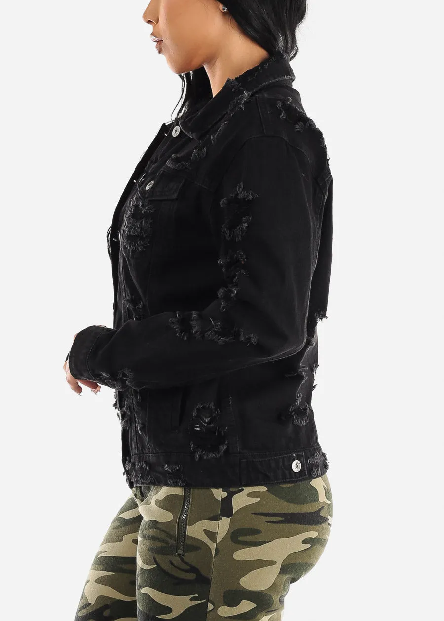 Distressed Long Sleeve Button Up Black Denim Jacket sold by Moda product image thumbnail 5