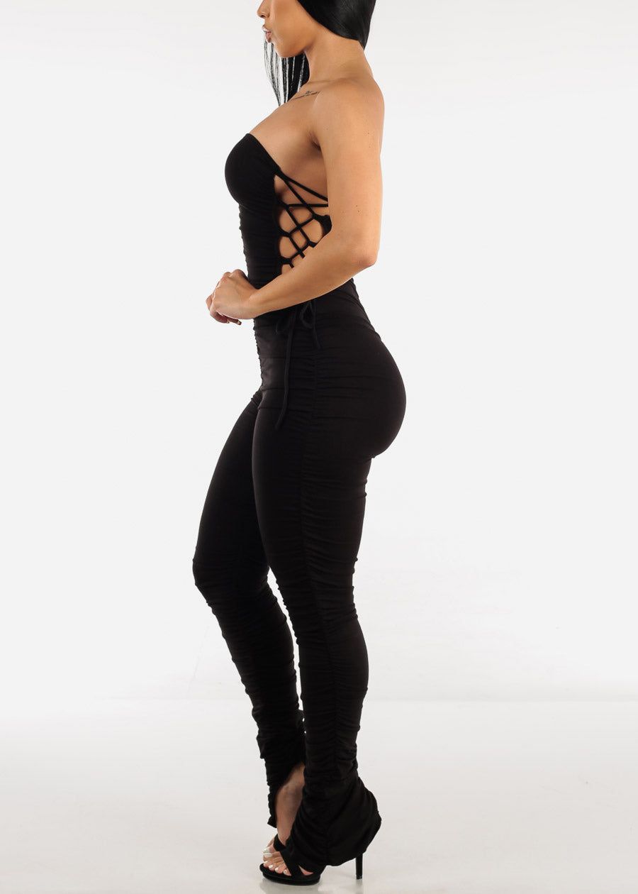 Black Strapless Ruched Jumpsuit w Lace Up Sides sold by Moda product image thumbnail 4