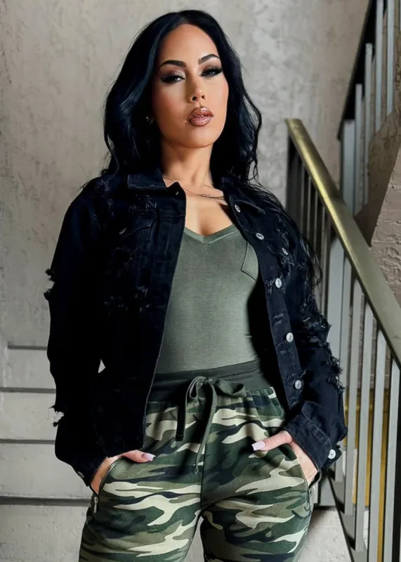 Distressed Long Sleeve Button Up Black Denim Jacket sold by Moda