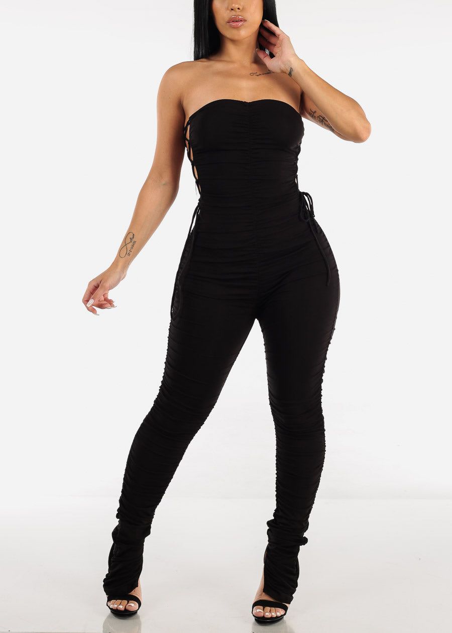 Black Strapless Ruched Jumpsuit w Lace Up Sides sold by Moda product image thumbnail 2