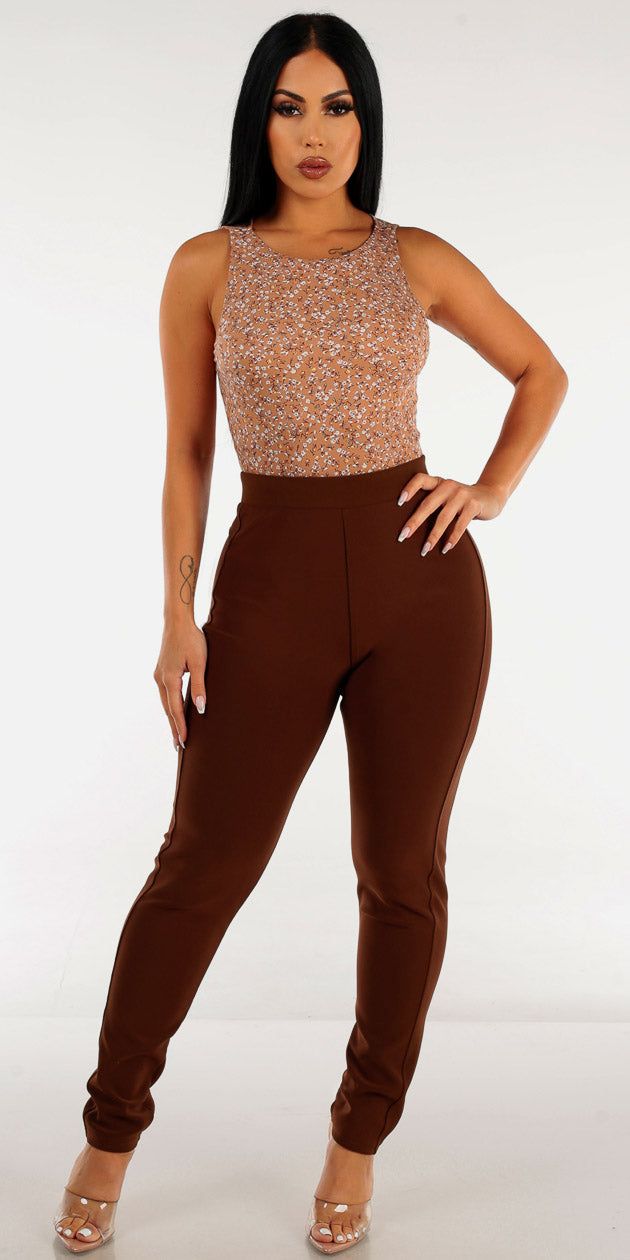 Brown levantacola Dressy Skinny Pants with Sleeveless Floral Brown Bodysuit sold by Moda