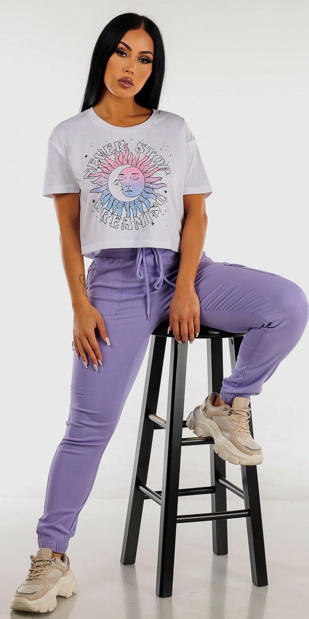 Light Purple High Rise Cargo Pants with White Graphic Cropped Tee sold by Moda