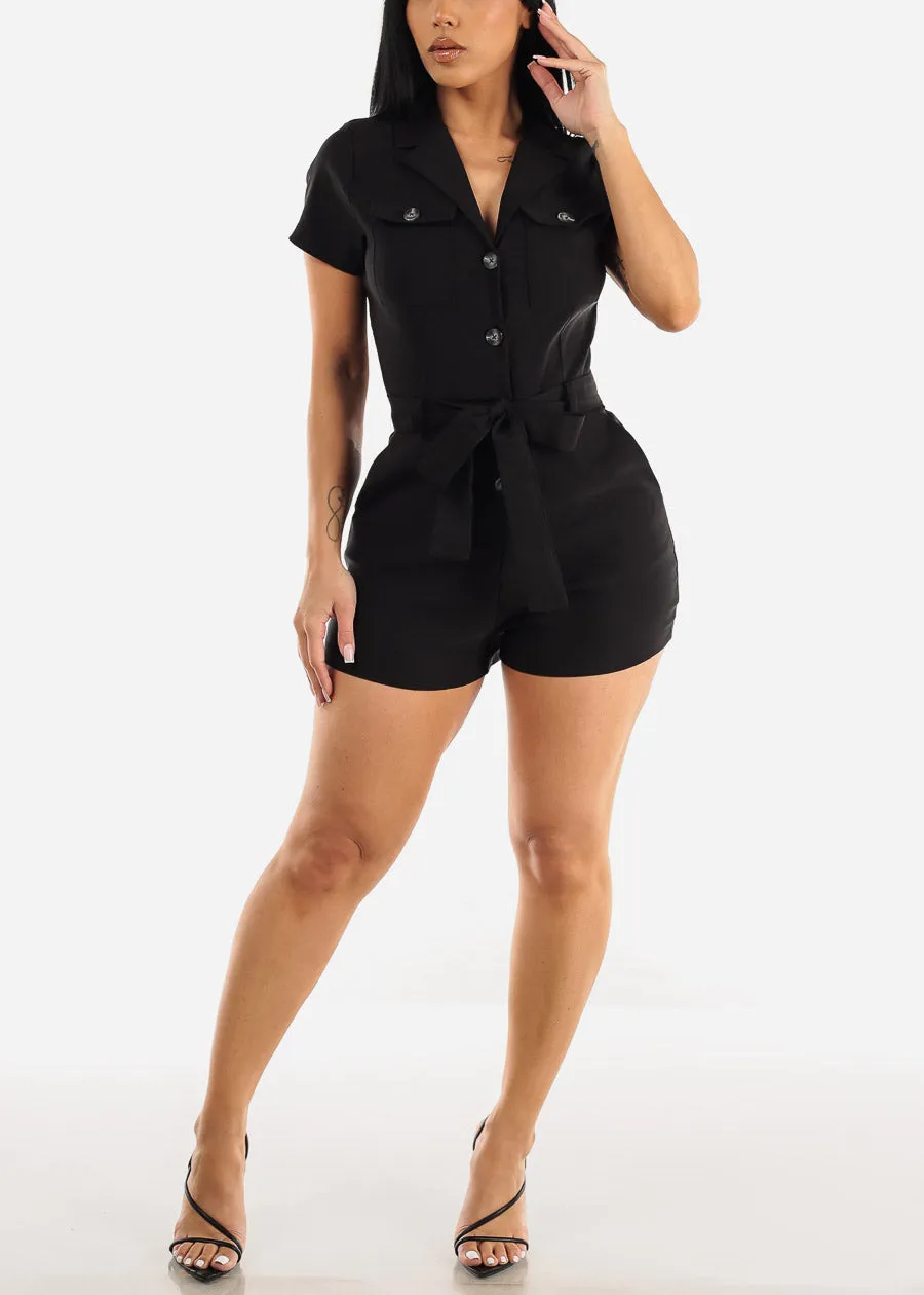 Black Short Sleeve Button Up Belted Romper sold by Moda product image thumbnail 2