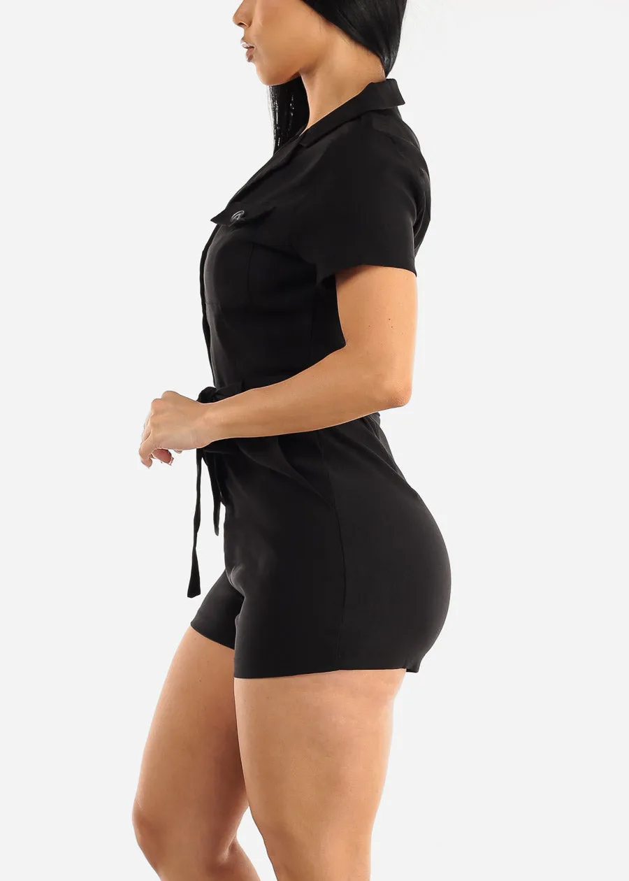 Black Short Sleeve Button Up Belted Romper sold by Moda product image thumbnail 3