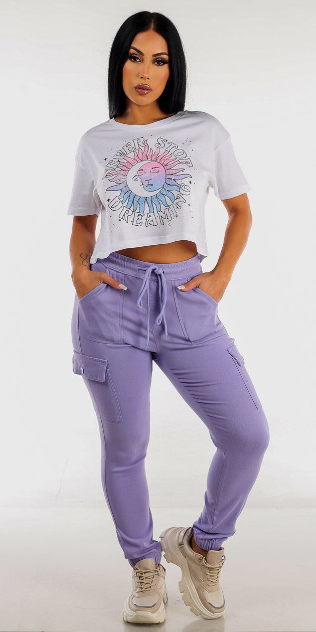 Light Purple High Rise Cargo Pants with White Graphic Cropped Tee sold by Moda product image thumbnail 2