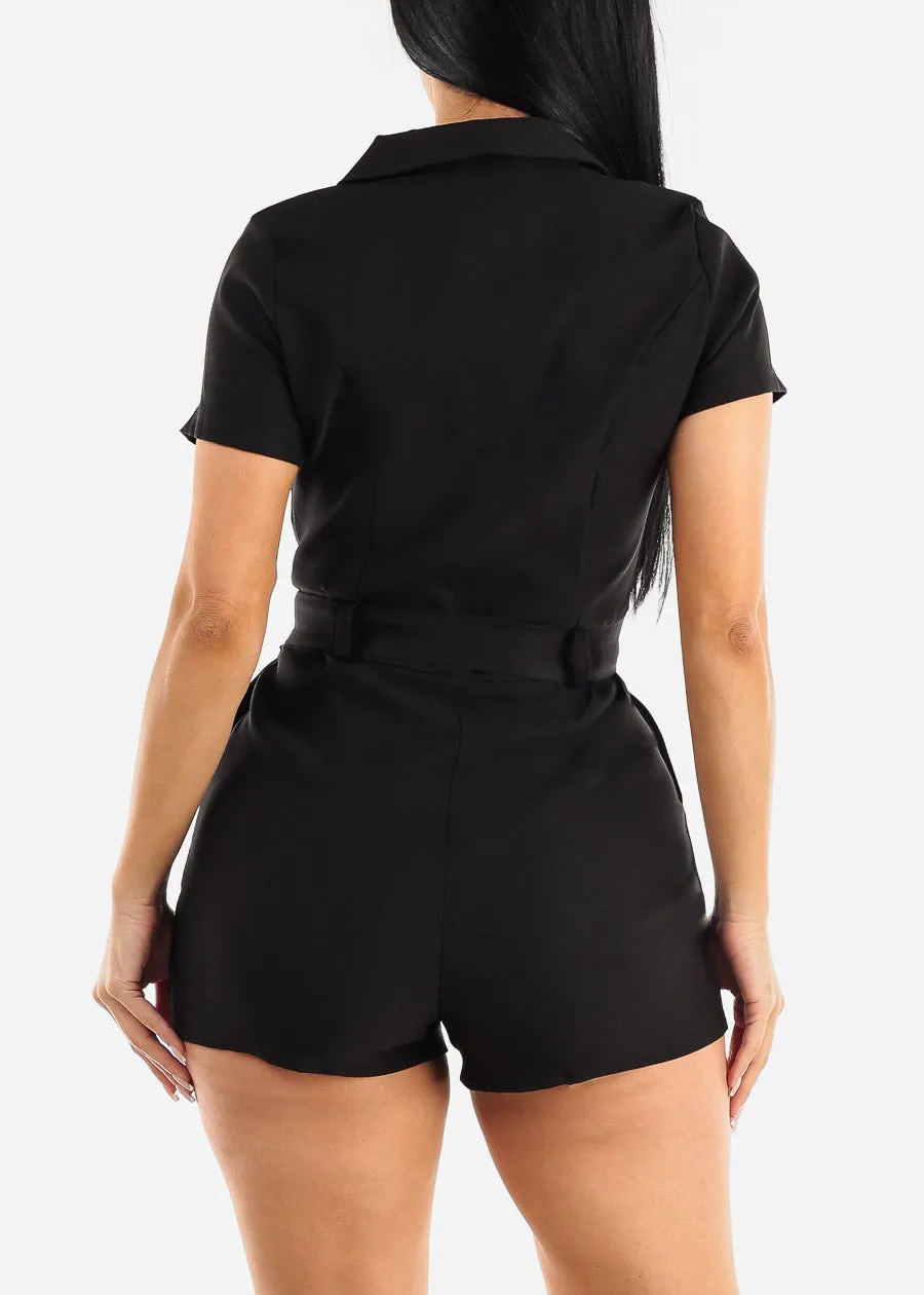 Black Short Sleeve Button Up Belted Romper sold by Moda product image thumbnail 4