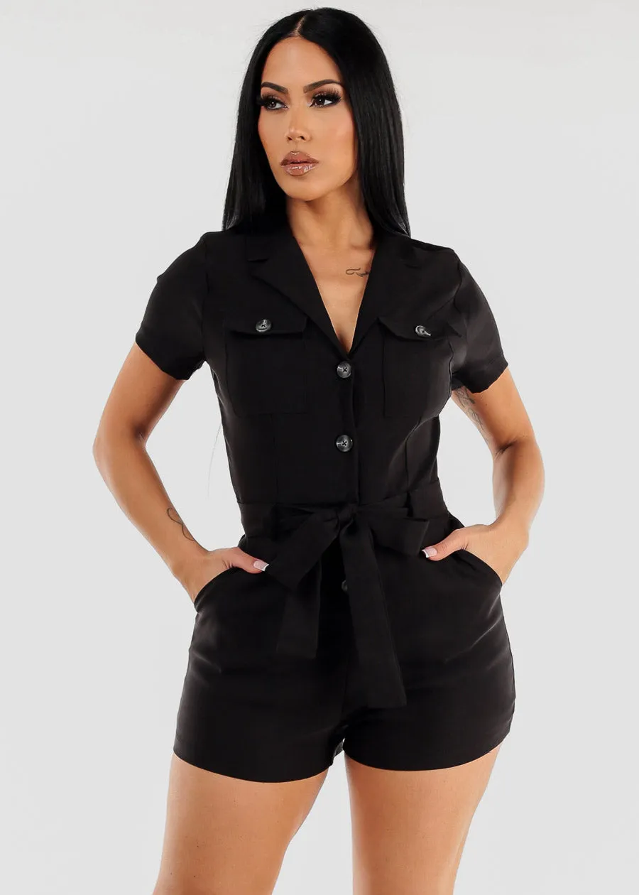 Black Short Sleeve Button Up Belted Romper sold by Moda